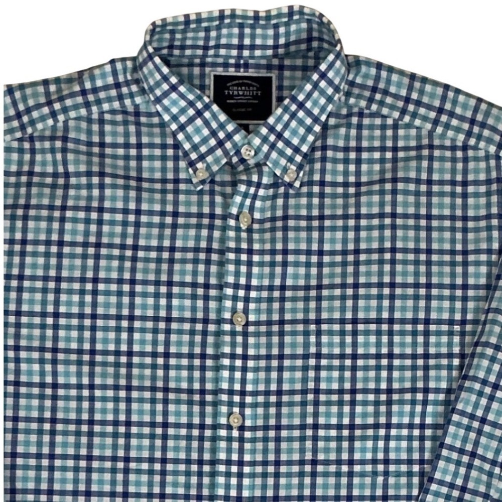 Charles Tyrwhitt Button Down Shirt Mens L Blue Gingham Classic Fit Cotton